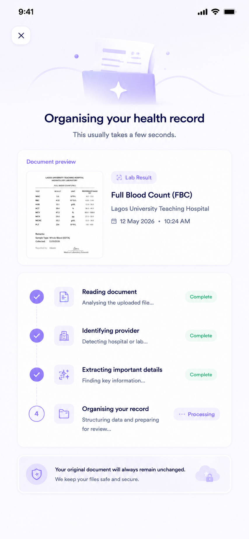 Health Vault organising an uploaded document into your record