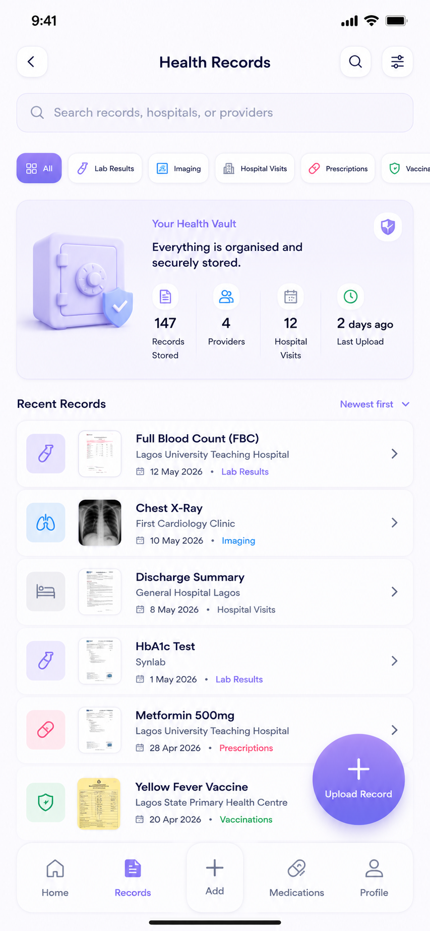 Health Vault records screen — every result and visit in one searchable timeline